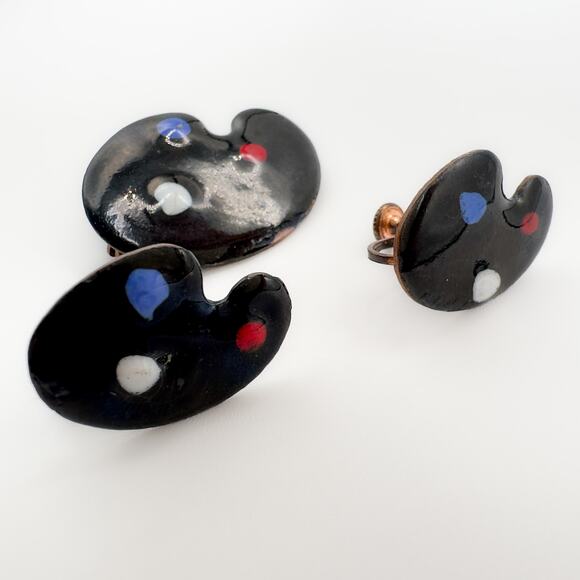 Vintage Artist Paint Palette Brooch Screw Back Earrings Set Enamel Copper MCM - Picture 3 of 13